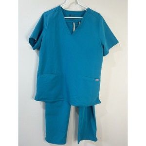 Figs Womens Sz Large Extreme Blue Yola Skinny Pants & Casma 3 Pocket Top Scrubs